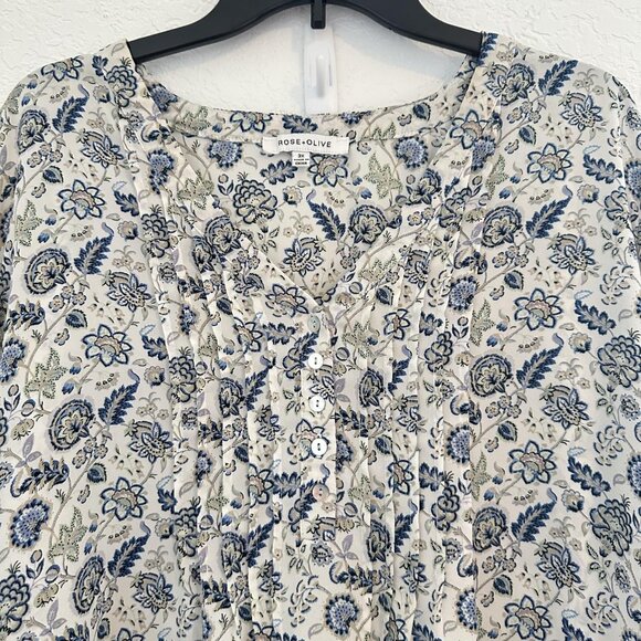 Rose + Olive Shirt Womens 3XL White Blue Floral Boho Blouse Lightweight Tunic - Picture 2 of 9